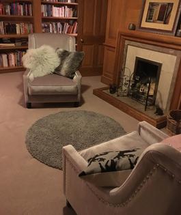 The consulting room, with soft daylight, comfortable seating and plants